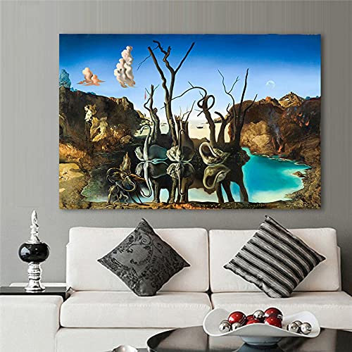 Salvador Dali Print Leinwand Wandkunst Schwäne Reflektierende Elefanten Leinwand Malerei Abstrakte Poster Kunst Bild Wohnzimmer 70x100cm (28x39in) Mit Rahmen
