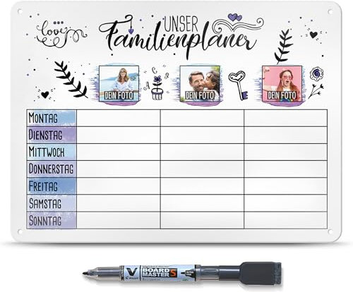 Wochenplaner abwischbar & magnetisch - Familienplaner mit 3 Fotos selbst gestalten - Whiteboard für 3 Personen, inkl. Marker - Familie, Küche, Kalender, Organisation, Planung I Personalisierbar, A3