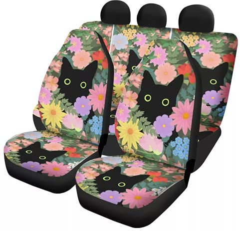 Showudesigns Autositzbezug für Hunde im Auto, Motiv: schwarze Katze, Blume, vollständiges Set, Rücksitzbezug für Hunde im Auto, Schutz für Frauen und Mädchen, Geschenke, bunt
