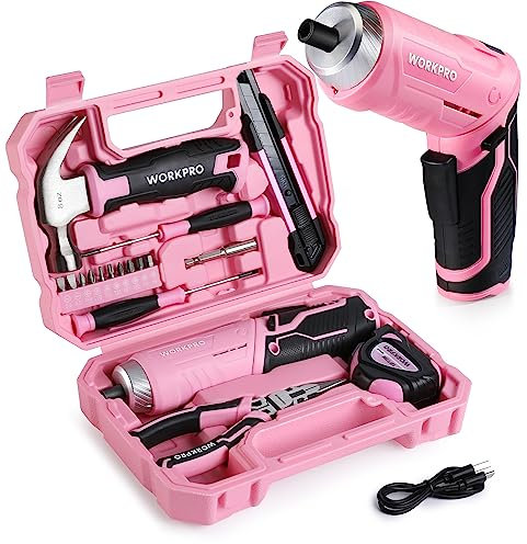 WORKPRO Werkzeugset Rosa pink 18 tlg. mit USB C Akkuschrauber klein, pinker Werkzeugkoffer gefüllt Haushalt, Werkzeugsatz für Heimwerker, Kinder, DIY Bastelei