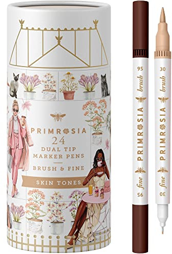 Primrosia 24 Skin Tones Dual Tip Marker Pens, Hair and Portrait Watercolor Sketch Set – Fine and Brush Ends, Art Supplies for Coloring, Sketching and Drawing