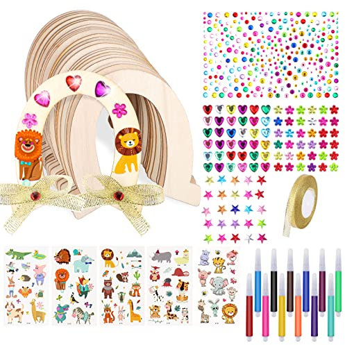 Hufeisen, 46 Stück Hufeisen Kindergeburtstag, Geburtstagsdeko Pferd mit Tattoo Tier/Aquarellstift/Glitzersteine/Glitzerbändern, Hufeisen Holz zum Bemalen, Hufeisen Glücksbringer für Kinder Party, DIY