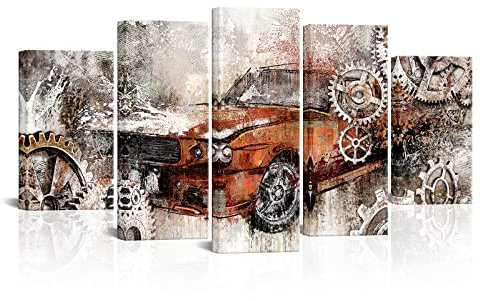 LevvArts 5 Stück Auto Poster Wandkunst Rustikales altes Auto mit mechanischer Zahnradmalerei Leinwanddrucke Cooles Kunstwerk für Mann Höhle Jungen Schlafzimmer Home Office Dekoration (Orange, Groß)