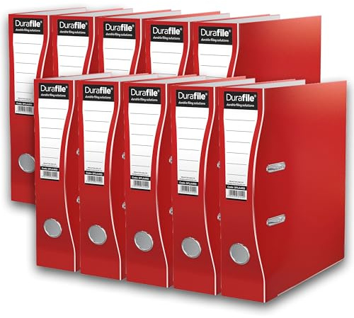 Durafile Lever Arch Files, Red, Pack of 10 Folders, Heavy Duty Board Construction Suitable for A4 Size Documents, Ideal folders for School, Home and The Office