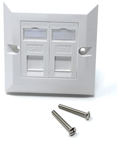 Cat6 RJ45 FacePlate Wall Socket Box for Ethernet LAN Networking Face Plate, Compatible with Cat5e, Cat6, Cat7, Cat8, Cat9 Cable, With Keystone Jack (Double Port, White)