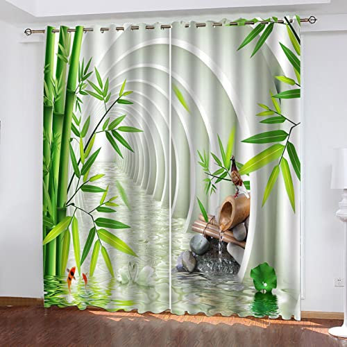 Rideau Salon Occultant Isolant Thermique Rideaux À Oeillets Décoration De Fenêtre Pour Chambre, 3D Extension D'Espace Feuille De Bambou Vert Motif Rideaux Acoustiques L 220 X H 210 cm 2 Panneaux