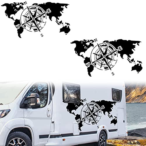 Aufkleber Weltkarte Kompass Deko – Set Aufkleber Van Life Camping – Aufkleber Auto Motorrad Camping – Aufkleber Kompass Camping Auto – 2 Stück (160 x 84 cm, schwarz)