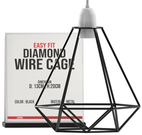Modern Geometric Diamond Pendant Lampshades - Metal Wire Cage, Black, 13x20cm, Ideal for Living Room, Kitchen, Restaurant, Office