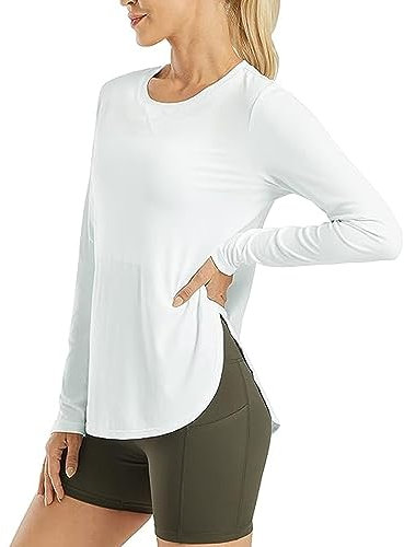 Women's Long Sleeve T Shirts Casual Basic Tunic Tops Crew Neck Solid Color Split Side Shirt Plain Loose Baggy Tee Tops Summer Long Top Blouse White