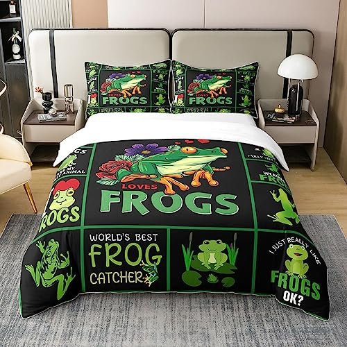 Frosch 100% Baumwolle Bettbezug 200x200 Nette Frosch Bettwäsche Set Cartoon Baum Frosch Tröster Abdeckung Reptil Floral Natur Thema Quilt Cover Frosch für Frosch Liebhaber Zimmer Dekor,Grün Schwarz
