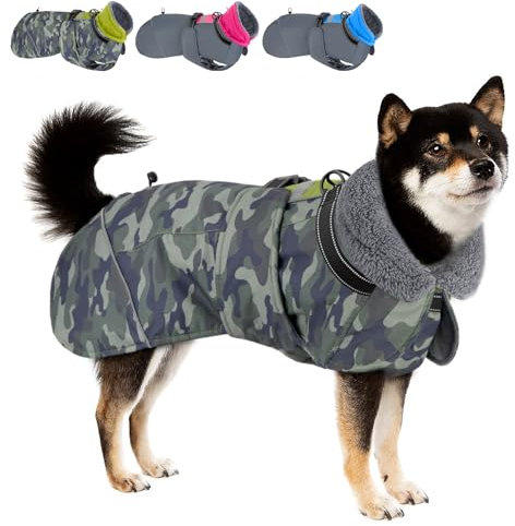 SlowTon Hundemantel Winter, wasserdichte verstellbare Fleecefutter Hundejacke mit Turtleneck und Kordelzug, reflektierender Wintermantel für kleine mittlere und große Hunde im Freien(Tarngrün, M)