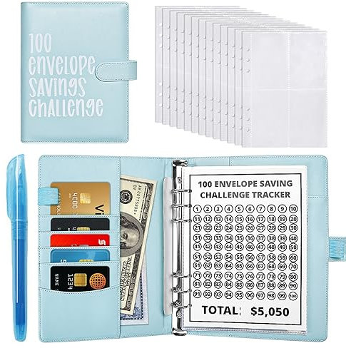 100 Umschläge Geld Sparen Herausforderung Binder, Cash Envelope Saving Challenge Binder, A5 Money Saving Challenges Book, Lustiger Geld Spar Challenge(blau)