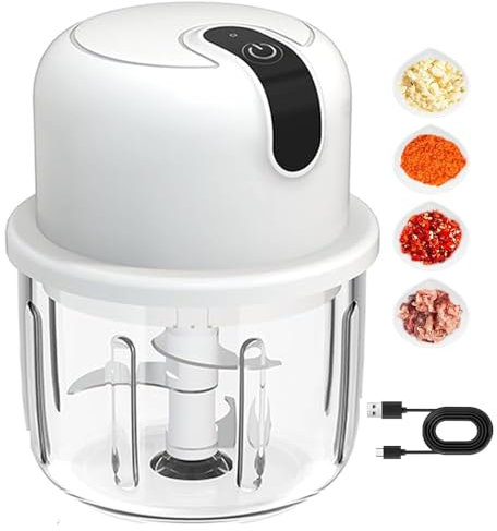 Electric Food Chopper, 300ML Mini Food Chopper, Kitchen Food Processor and Blender, Glass Bowl Vegetable Grinder,with USB Charging for Fruit Pepper Chili Vegetable Onion Meat