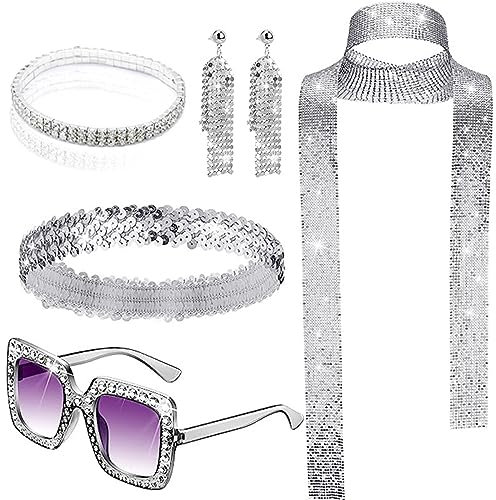 Poo4kark Stück Disco Accessoires 70er Jahre Kostümzubehör 70er Damen Glitzer Schmuck 1970s Retro Party Zubehör Frauen 80er Pailletten Quaste Ohrringe Stirnband Strass Armband (Silver, One Size)