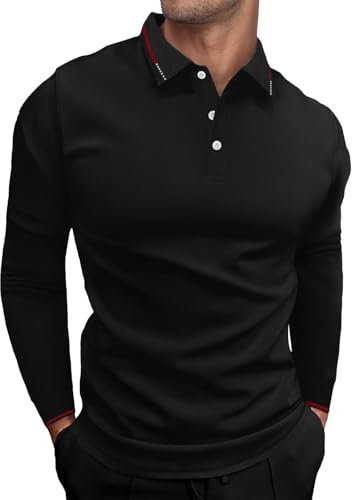 HMIYA Herren Poloshirt-Langarm Poloshirt aus Baumwolle atmungsaktiv Golf Casual T-Shirt,Schwarz,M