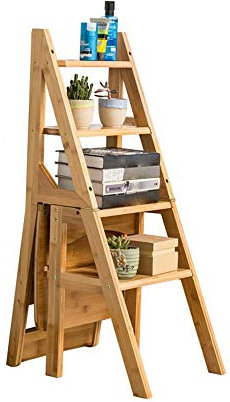 Leitern, Trittleiter, Trittleiter, Stabiler Stuhl mit Doppelfunktion, Treppe, multifunktionaler Hocker, Klappstuhl, vierstufiger Hocker, Kletterleiter/Holzfarbe