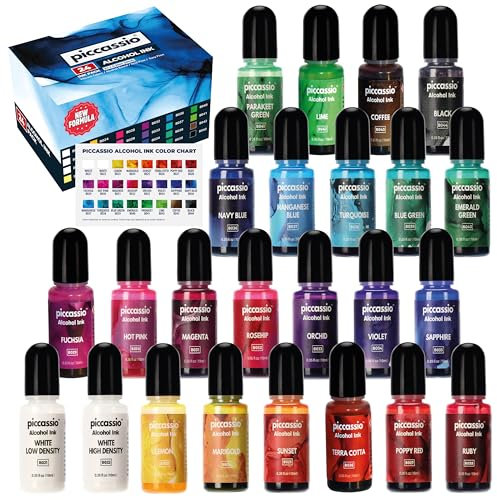 Alcohol Ink Set - New Improved Formula - 24 Highly Saturated Alcohol Inks - Fast-Drying and Permanent Inks - Versatile Alcohol Ink for Epoxy Resin, Tumblers, Fluid Art Painting, Glass, Metal etc