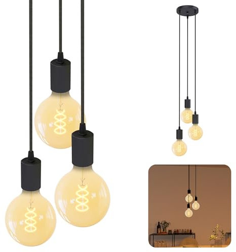 SSC-LUXon PARU Hängeleuchte 3-flammig Retro - Industrial Style Pendellampe mit Textilkabel inkl. Globe XL E27 Filament LED Lampen