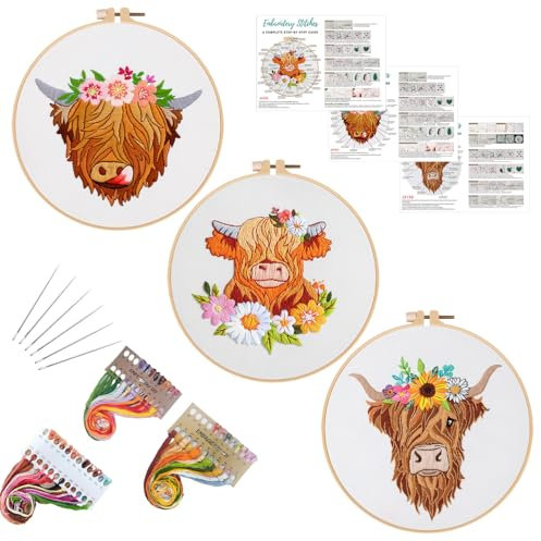 Louise Maelys Stickset für Anfänger, Kreuzstich-Set für Erwachsene, Anfänger, Stickerei, Stickrahmen, Stoffnadeln, Anleitung (evtl. nicht in deutscher Sprache), 3 Sets