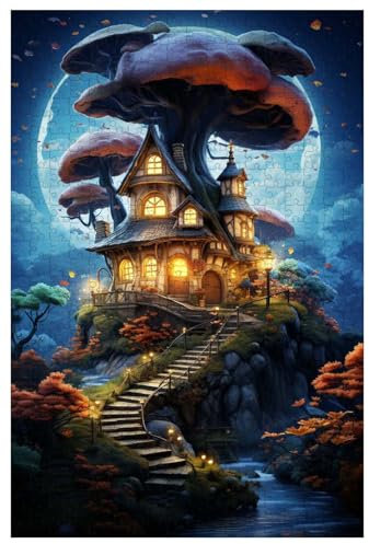 Puzzle für Erwachsene, 1000 Teile, aus Holz, für Nachts, EIN Fantasie-Baumhaus mit leuchtenden Farben (C ; 1000)