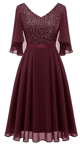 Dressystar Damen Elegant Cocktailkleid V-Ausschnitt Spitzenkleid mit Pailletten Knielang A-Linie Party Abendkleider Burgunderrot XL