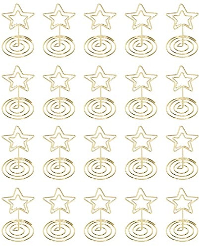 20 Stück Tischnummer Halter Ständer, Tischkartenhalter, Golden Fotohalter Kartenhalter, Sternform Metalldraht Nachrichtenclip mit Runder Ständer Unten für Hochzeiten Banketttische Platzkartenhalter