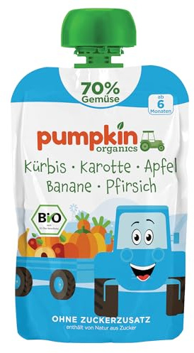 Pumpkin Organics Bio Gemüse-Quetschie mit Kürbis und Pfirsich | Bio Gemüse-Quetschie mit 70% Gemüse und weniger Fruchtzucker, ohne Zuckerzusatz¹, ab 6 Monaten; Beikost- bis Schulsnack