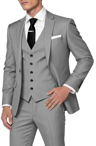 HUUTOE Men's 3 Piece Suits Slim Fit Prom Suits for Men Wedding Dress Suit Summer Blazer Jacket Vest Pants Tuxedo Set, Light Grey, 5XL