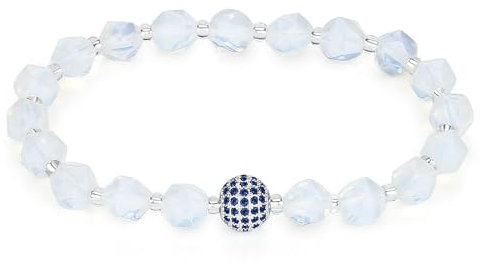 MetJakt Damenschmuck Handgemachter Perlenarmband Naturstein Stretch Stretcharmband 8MM facettierter Echtes Pave Zirkonia Perlen Blauer Diamant 18k Platin Kugeln Heilung Kristalle (Mondstein)