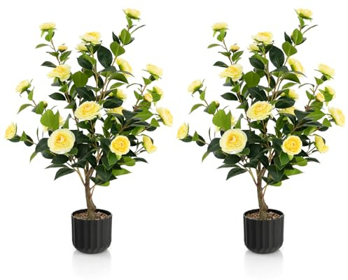 RELAX4LIFE 2er Set Kunstpflanze, Künstlicher Kamelienbaum 95 cm, Künstliche Pflanze im Topf, Kunstbaum mit 24 Blüten, Kamelienpflanze Blumenpflanze für den Innen- & Außenbereich (Gelb)