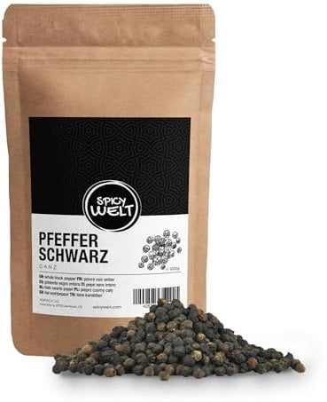 Spicy Welt Schwarzer Pfeffer Ganz (1kg) – Pfefferkörner | Ungemahlener Schwarzer Pfeffer | für Pfeffermühlen, Suppen, Saucen & Steak, Mörser & Marinaden | 100% Naturrein, Ohne Zusätze