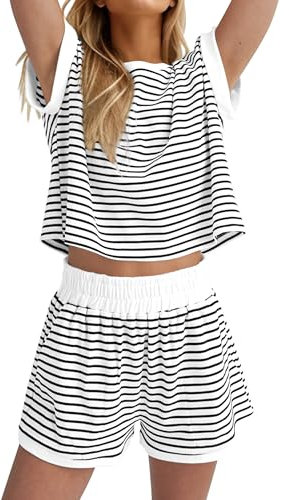 Dsewpaur 2-teiliges Lounge-Set für Damen, gestreiftes Muster, Strick-Tops, Shorts, passendes Set, Sommer, lässiges Trainingsanzug-Outfit, Weiß & Schwarz, Medium