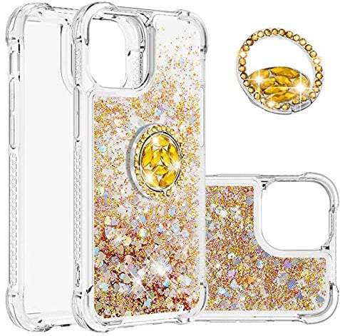 IMIRST Phone Case Compatible with iPhone 14 Plus (6.7'') Bling Liquid Glitter Diamond Ring Shell Shockproof Airbag Protective Cover Bumper Case for Apple iPhone 14 Plus. YBK Love Gold