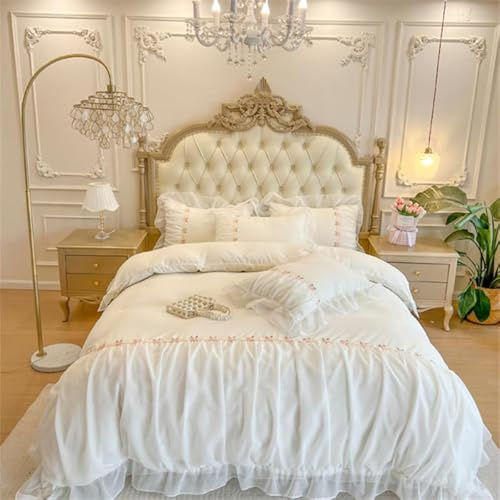 MOOWOO Schickes Rüschen-Bettwäsche-Set für Queen-Size-Betten, Prinzessinnen-Mädchen-Bettwäsche, 3-teiliges Bettdeckenbezug mit Reißverschluss, kokettes Raumdekor, Weiß, Queen-Size-Größe