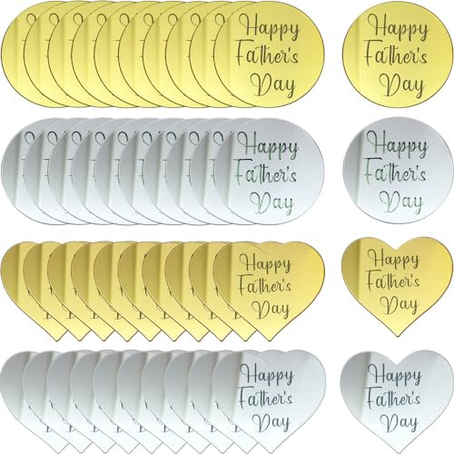 40Pcs Happy Father's Day Cupcake Topper Acrylic Cake Disc Mirror Round Heart Cake Topper Engraved Father's Day Cake Topper Heart Picks Cupcake Decorations for Birthday Dads Day Gifts Party Decor