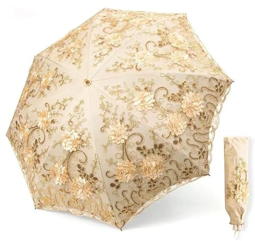Vintage Lace Parasol, 3D Flower Embroidery anti UV Sun Parasol Folding Umbrella for Wedding Party and Photo Shooting (gold)