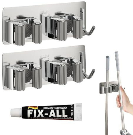 2 Piezas de Soporte de Pared para Escobas y Fregonas, 14.3 x 3.7 x 5.5cm, Pegamento fijador incluido, Organizador de Acero Inoxidable con Colgador para Cepillo, Apto para cualquier zona del hogar