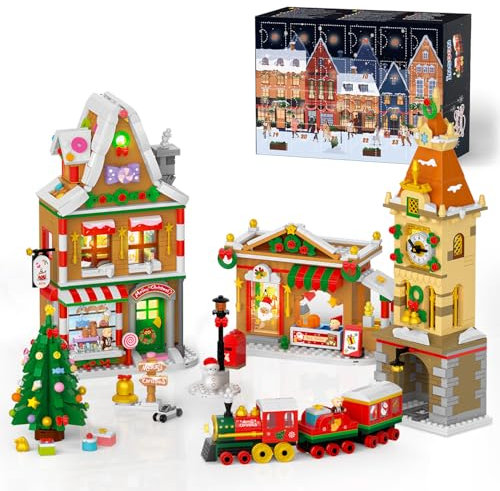 INSOON 2024 Urlaub Hauptstraße Weihnachtsbaukasten mit Licht, Straße Mini Bauspielzeug, 1759 Stück Weihnachts Baukasten für Erwachsene Kinder ab 8 9 10 11 12+