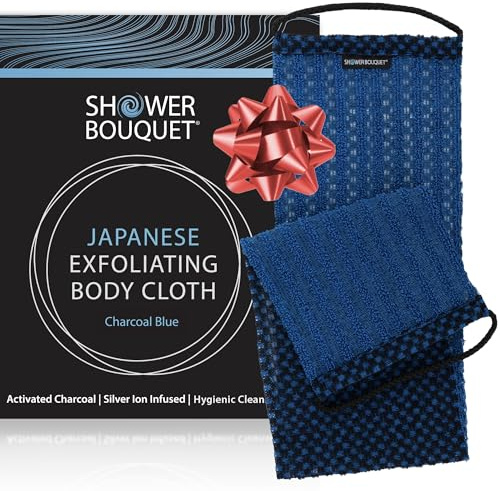 Japanese Exfoliating Washcloth Back & Body by Shower Bouquet: Silver Ions Prevent Bacteria as Activated Charcoal Removes Impurities to Deeply Clean Skin; 1 Charcoal Blue Exfoliating Towel, Soft & Mild