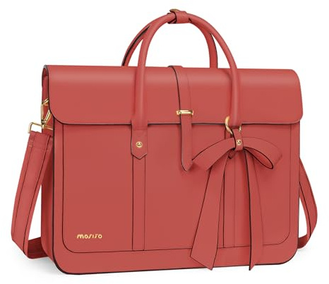 MOSISO Sacoche Ordinateur 15-15,6 Pouces Cuir PU Femmes,Corail | Sac à Bandoulière Convertible en Sac à Dos, 16 Pouces Sac Messager,Sac à Main Sac d'ordinateur avec Noeud Papillon