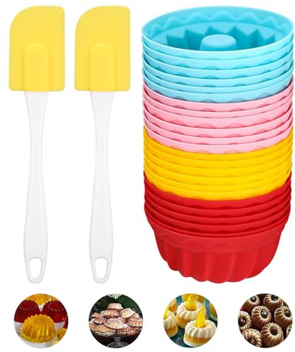 Xaosin Mini Moules Kouglof Silicone 24 Pièces Moules à Pâtisserie avec 2 Spatules Moule a Baba au Rhum Réutilisables Moule Gateau pour Dessert Chocolat Pudding Gelée 6,5 x 2,8 cm 4 Couleurs