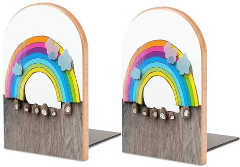 Serre-livres robustes en bois avec imprimé arc-en-ciel, serre-livres décoratifs, serre-livres antidérapants pour étagères (1 paire)