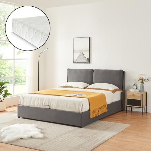[en.casa] Polsterbett Lunner 160 x 200 cm Doppelbett mit Matratze und Stauraum gepolstert Stauraumbett Bettgestell mit Lattenrost und Bettkasten gepolsterstes Kopfteil Dunkelgrau