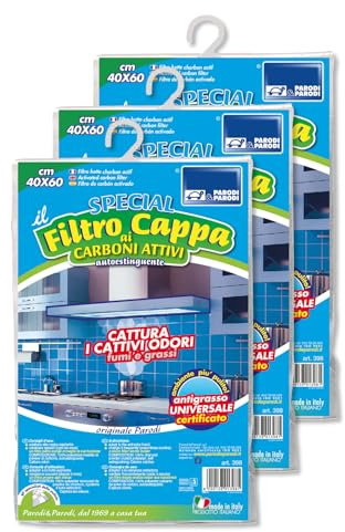 PARODI & PARODI - Filtro Cappa Cucina Carboni Attivi Autoestinguente, Kit 3 Pezzi, Filtri Assorbi Fumi, Grassi, Vapori e Cattivi Odori Ritagliabili e Universali per Ogni Cappa, Accessori Cucina 40x60