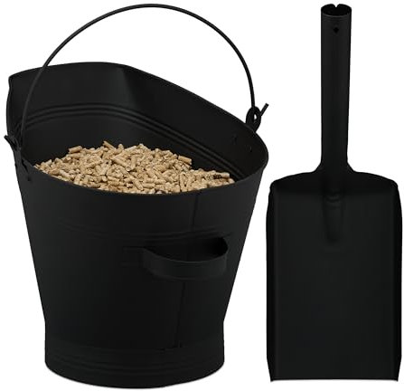 Relaxdays Ascheeimer mit Glutschaufel, 11 Liter Volumen, Kaminzubehör, Aschebehälter mit Henkel, aus Eisen, schwarz