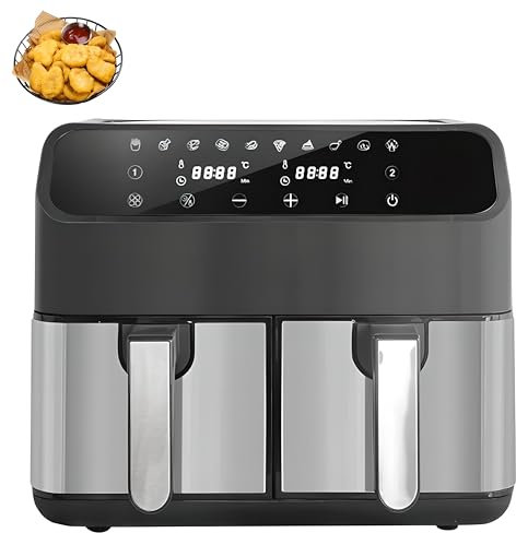 Freidora de aire dual, freidora aire doble cajón de 8 L, ajustes preestablecidos cocción 10 en 1, con pantalla táctil y función temporizador, control temperatura, freidora aire grande de 2000 W
