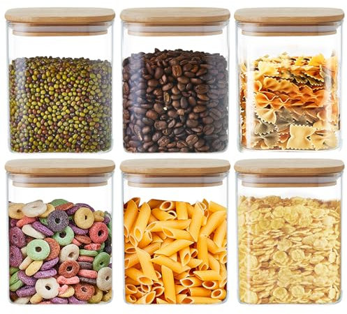 MESNEY 6 Pack 800ml Glass Food Storage Jars with Bamboo Lids – Airtight and Stackable Containers for Kitchen and Pantry – Eco-Friendly Clear Glass Jars for Dry Food, Coffee, Snacks
