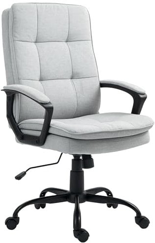 HOMCOM Bürostuhl Ergonomischer Schreibtischstuhl mit Armlehne, Höhenverstellbarer Drehstuhl mit Wippfunktion, Leinenoptik, Getuftert Computerstuhl, Grau