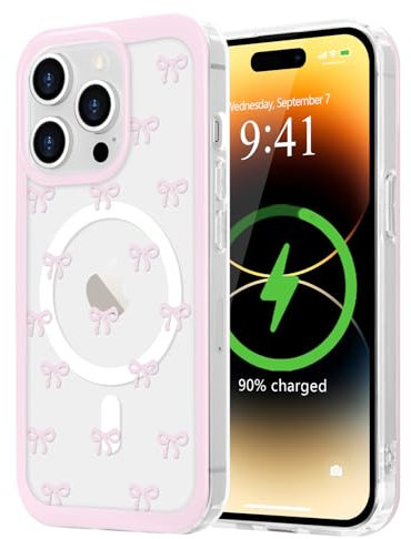 LCHULLE for iPhone 14 Pro Max Case[Compatible with MagSafe],Cute Pink Bows Clear Ribbon Bowknot Pattern Magnetic Phone Case for Women Girls,Shockproof Hard Back Cover for iPhone 14 Pro Max,Pink Bows