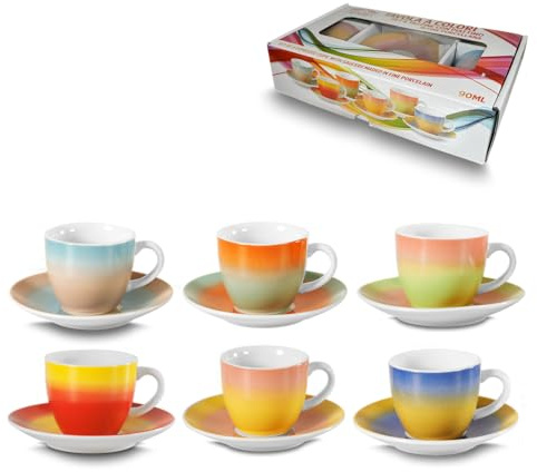 ARCA, Set di 6 Tazzine da Caffè con Piattino, Realizzate in Porcellana, Particolari e Colorate, Lavabili in Lavastoviglie, Collezione Tavola a Colori, 11x6 cm, 90 ml